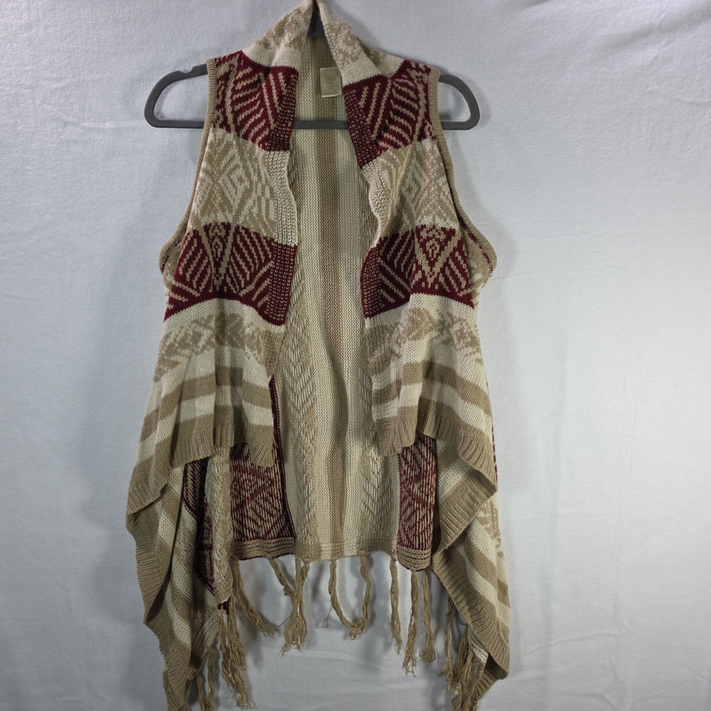 Women's Beige and Rust Patterned Open Cardigan Vest With Fringe  Size S-M